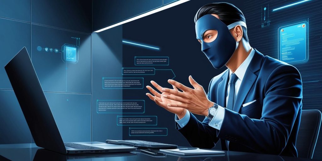 Ilustración de un estafador enmascarado creando un escenario falso para manipular a una víctima, simbolizando el pretexting en la ingeniería social.