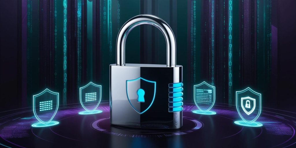 Candado digital futurista con flujos de datos en movimiento e íconos de ciberseguridad.