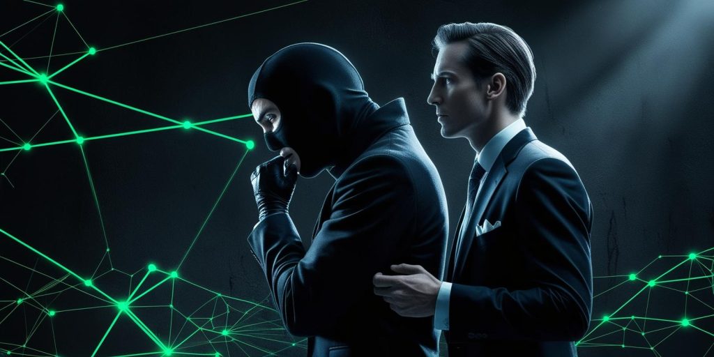 Una ilustración digital de un hacker susurrando a una víctima, simbolizando la ingeniería social.