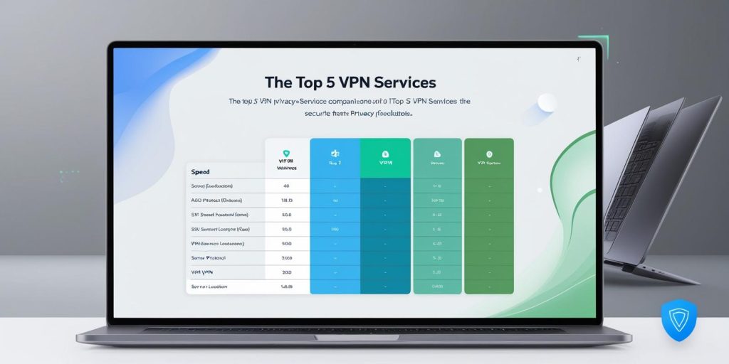 Pantalla de portátil mostrando una comparación de los principales servicios de VPN, con icono de escudo y visuales de túnel cifrado.