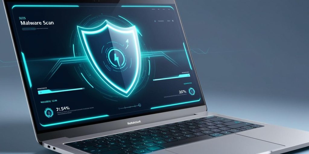 Una interfaz antivirus futurista escaneando un dispositivo y detectando amenazas de malware.