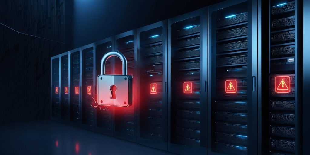 Servidores de datos con alertas rojas brillantes y un candado digital abierto que simboliza una brecha de seguridad.