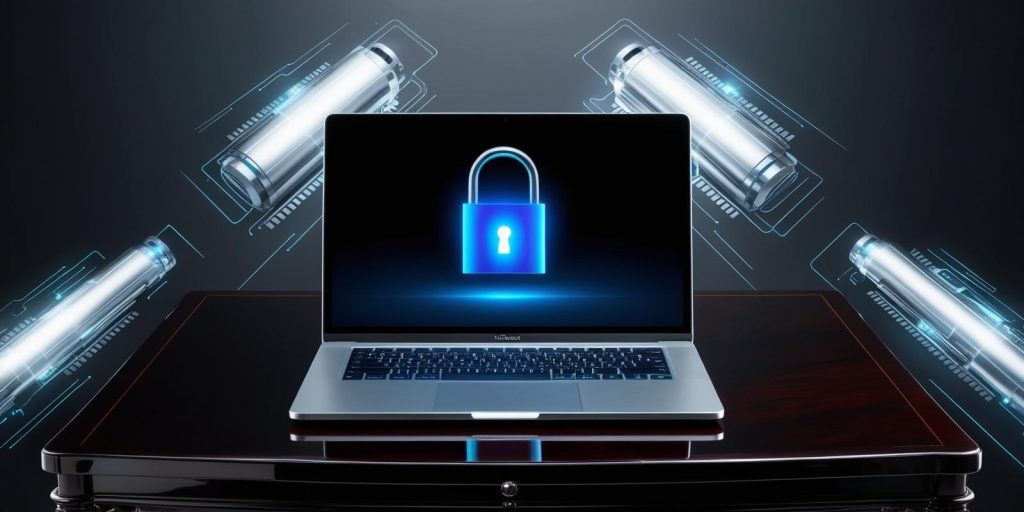 Un usuario bloqueando digitalmente archivos personales en un ordenador con iconos de huella dactilar y cifrado.