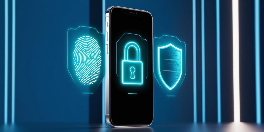 Un smartphone rodeado de íconos de seguridad digital como un candado, un escudo y una huella digital, simbolizando la protección de la privacidad.