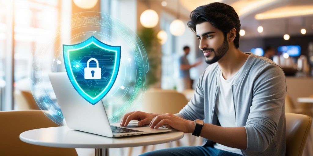 Un usuario conectado a una red Wi-Fi pública en una cafetería, protegido por una superposición de escudo VPN virtual.