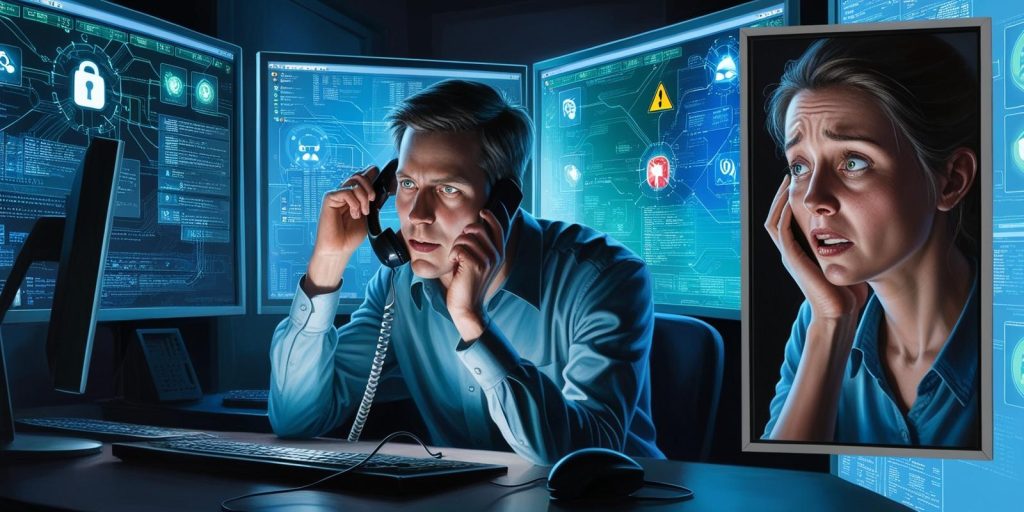 Un estafador en una llamada telefónica engañando a una víctima, representando un ataque de vishing.