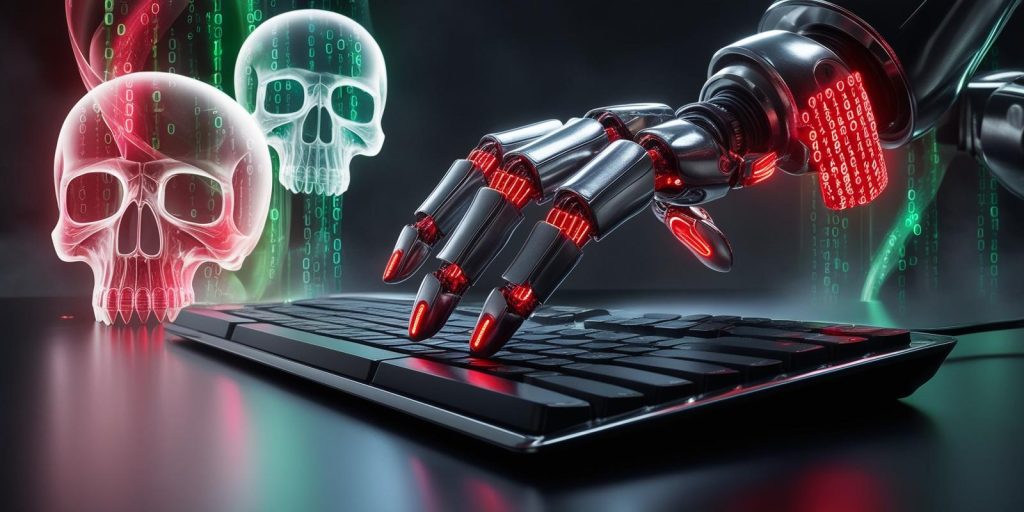 Mano robótica sobre un teclado que representa ciberataques impulsados por inteligencia artificial, con señales de advertencia digitales y calaveras.