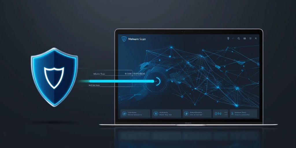 Captura de pantalla de un panel antivirus futurista con símbolo de escudo y monitoreo en tiempo real.