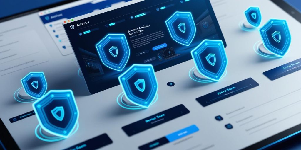 Un panel antivirus futurista escaneando múltiples dispositivos con iconos de escudo brillantes.