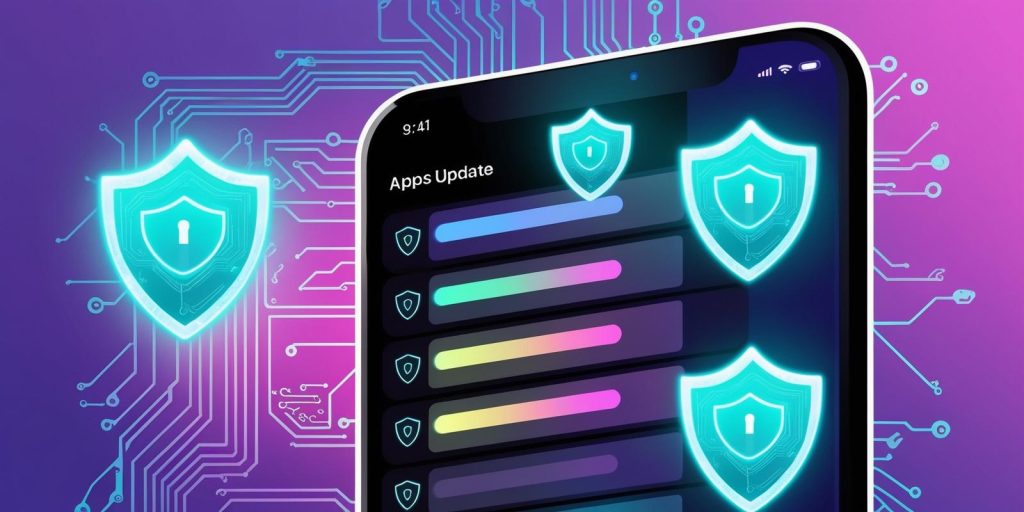 Un smartphone moderno mostrando notificaciones de actualización e iconos de escudo de seguridad, simbolizando la protección y actualización de aplicaciones.