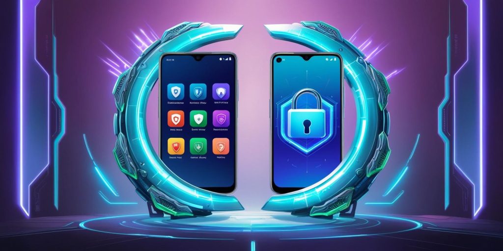Smartphones mostrando varios íconos de aplicaciones de seguridad con símbolos de escudo que representan protección y privacidad.