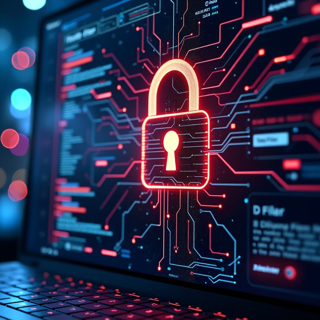 Un usuario bloqueando digitalmente archivos personales en un ordenador con iconos de huella dactilar y cifrado.