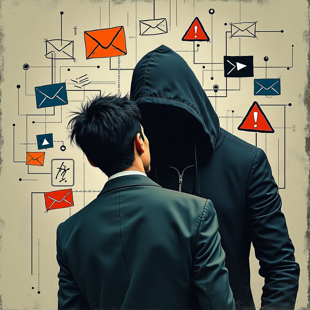 Hacker engañando a un usuario mediante técnicas de ingeniería social como el phishing y la suplantación de identidad.