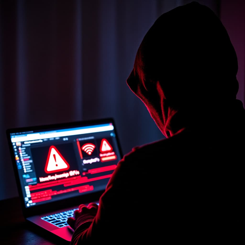 Ilustración de un hacker intentando entrar en un sistema informático doméstico a través de Wi-Fi.