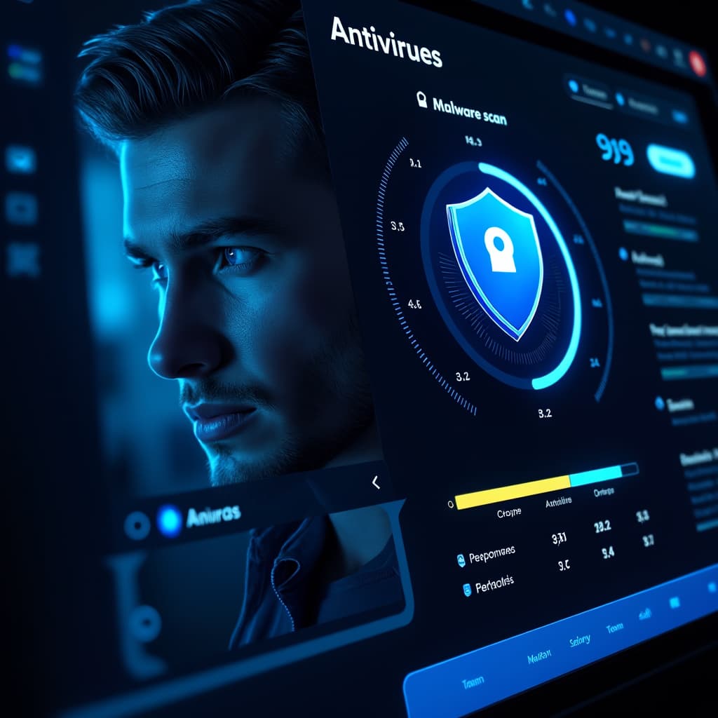 Captura de pantalla de un panel antivirus futurista con símbolo de escudo y monitoreo en tiempo real.