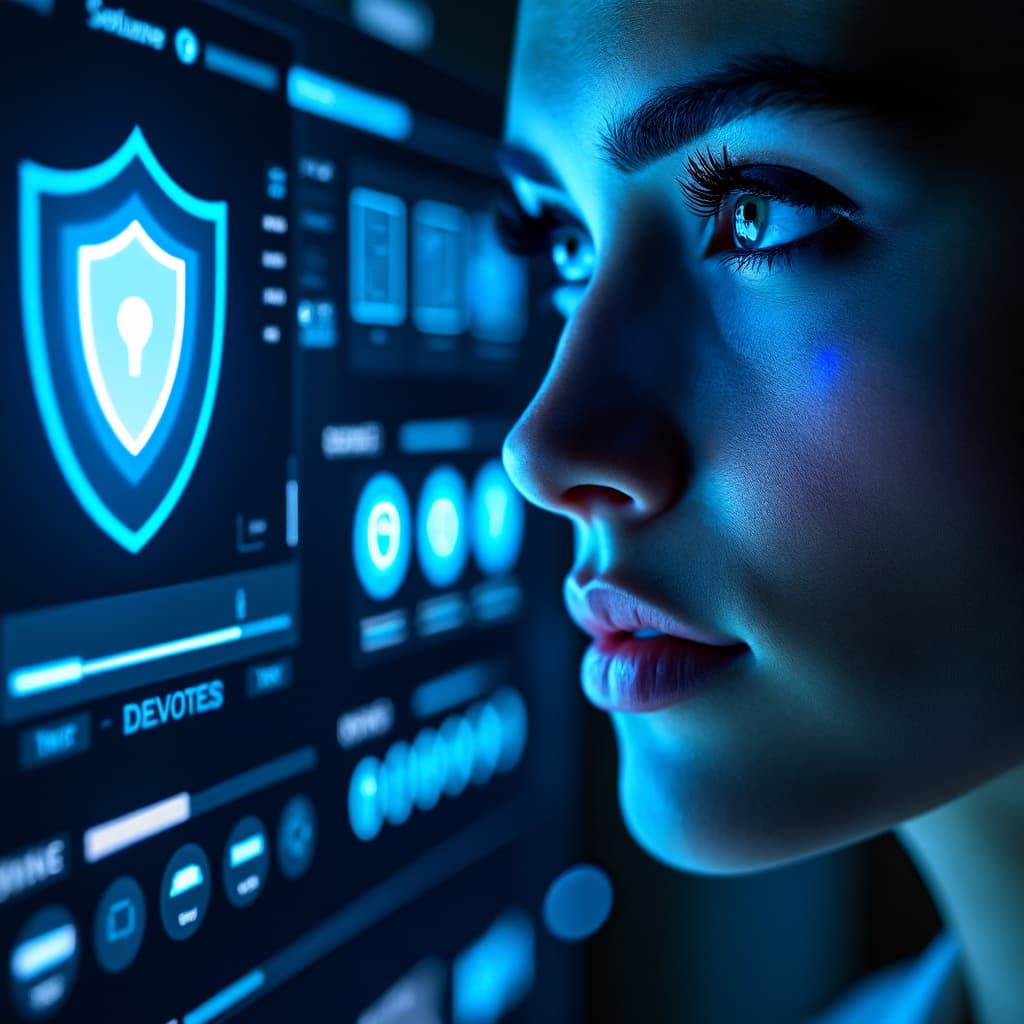 Un panel antivirus futurista escaneando múltiples dispositivos con iconos de escudo brillantes.