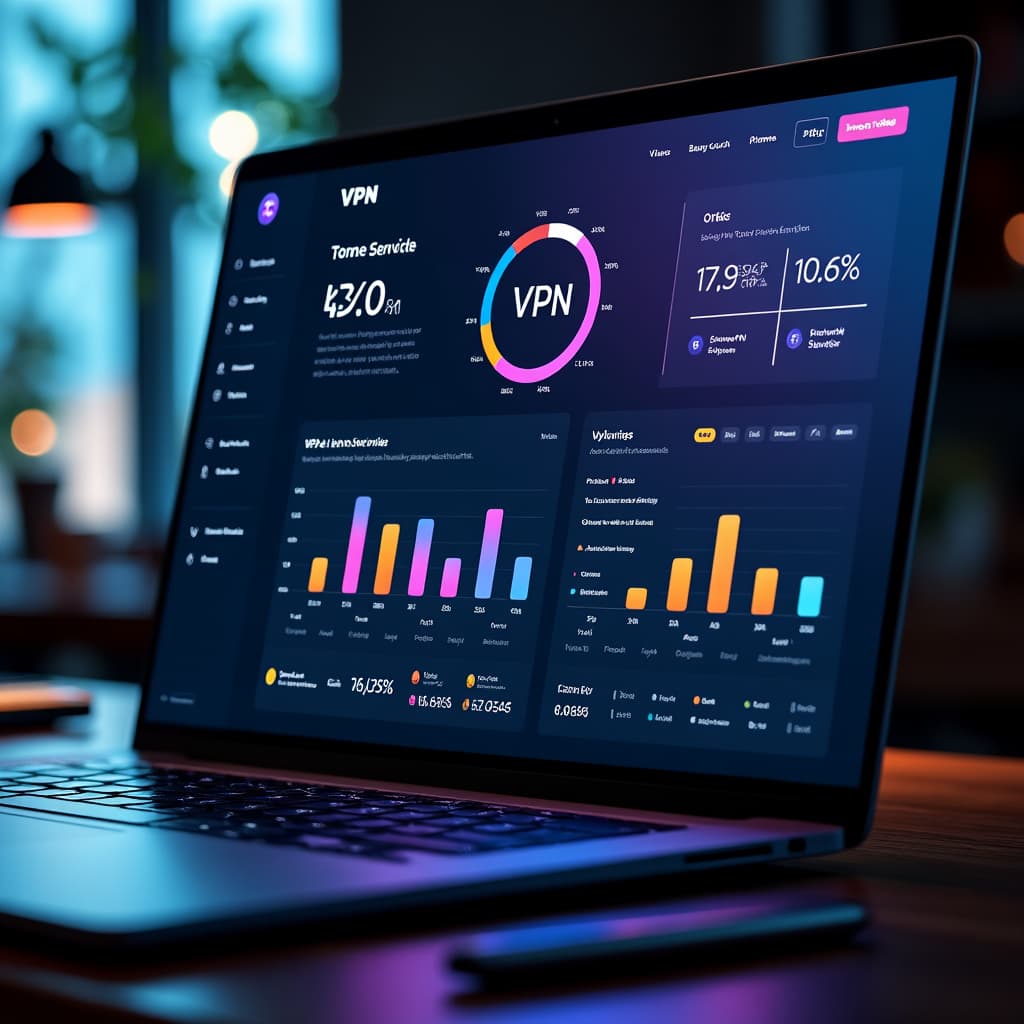 Pantalla de portátil mostrando una comparación de los principales servicios de VPN, con icono de escudo y visuales de túnel cifrado.