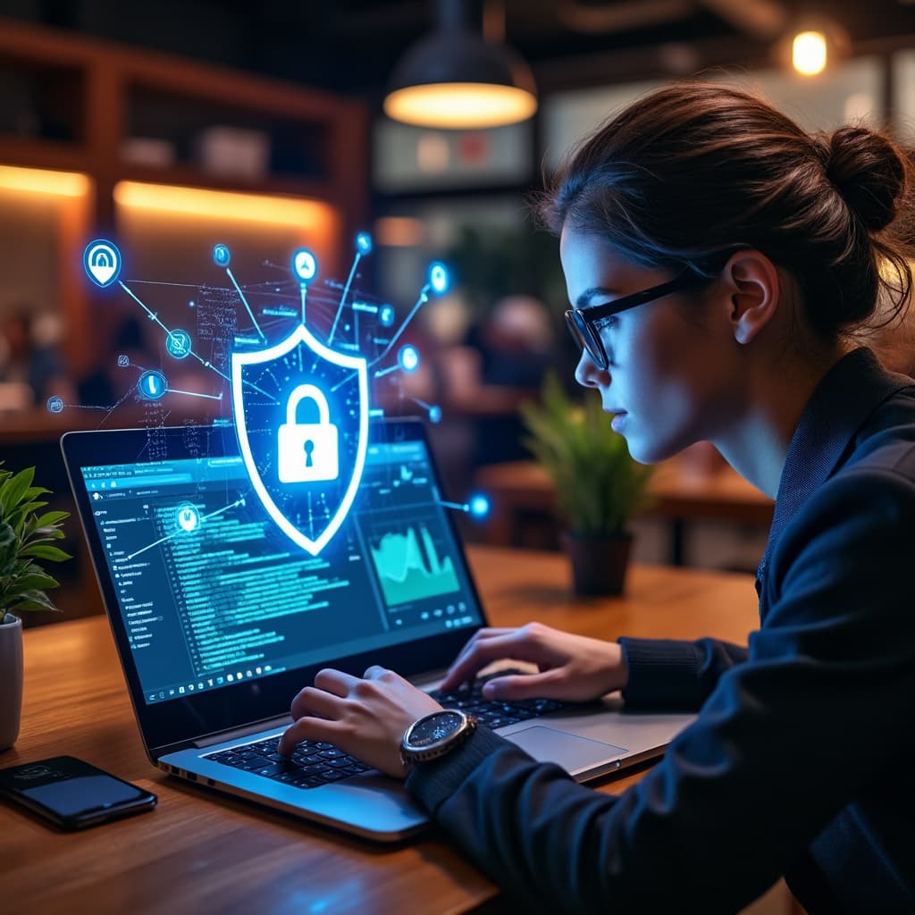 Un usuario conectado a una red Wi-Fi pública en una cafetería, protegido por una superposición de escudo VPN virtual.