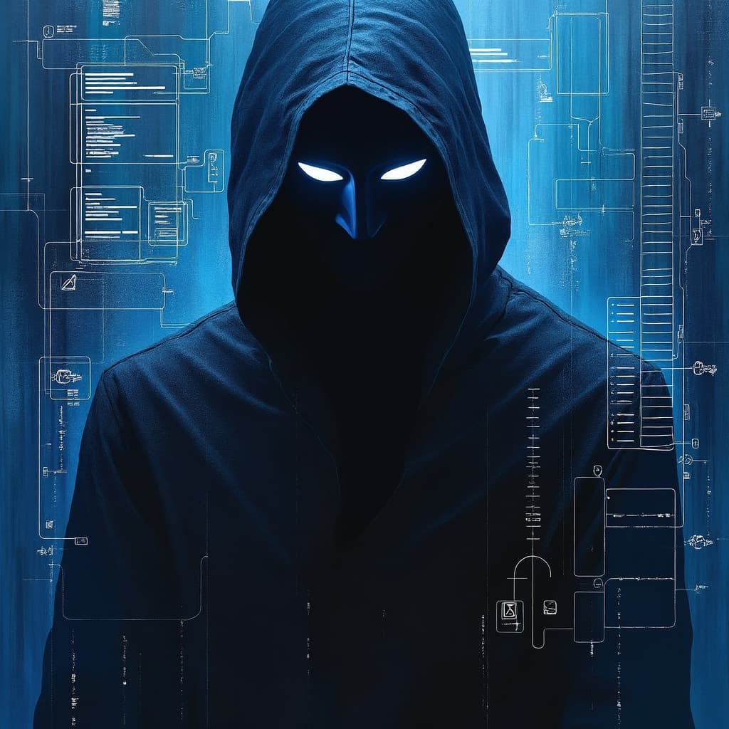 Ilustración de un estafador enmascarado creando un escenario falso para manipular a una víctima, simbolizando el pretexting en la ingeniería social.
