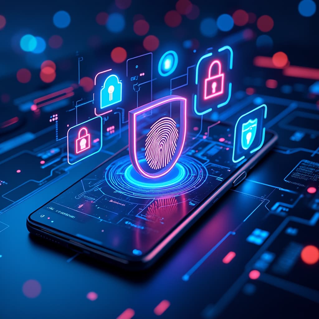 Un smartphone rodeado de íconos de seguridad digital como un candado, un escudo y una huella digital, simbolizando la protección de la privacidad.