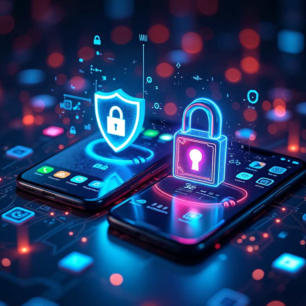 Smartphones mostrando varios íconos de aplicaciones de seguridad con símbolos de escudo que representan protección y privacidad.