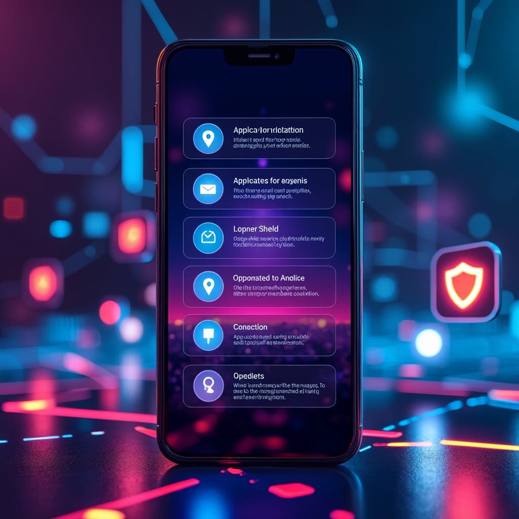 Un smartphone moderno mostrando notificaciones de actualización e iconos de escudo de seguridad, simbolizando la protección y actualización de aplicaciones.