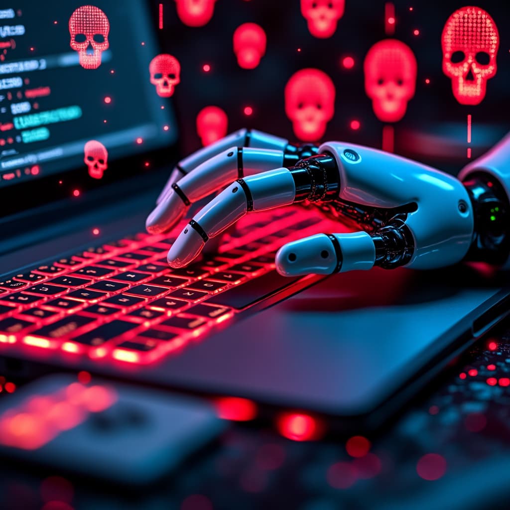 Mano robótica sobre un teclado que representa ciberataques impulsados por inteligencia artificial, con señales de advertencia digitales y calaveras.