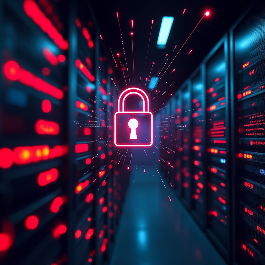 Servidores de datos con alertas rojas brillantes y un candado digital abierto que simboliza una brecha de seguridad.