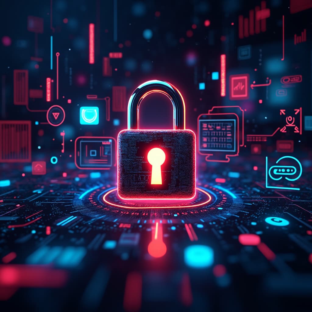 Candado digital futurista con flujos de datos en movimiento e íconos de ciberseguridad.
